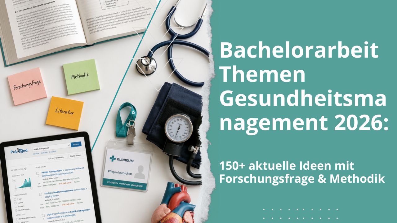 Bachelorarbeit Themen Gesundheitsmanagement 2026 – Flat-Lay mit akademischen und medizinischen Elementen
