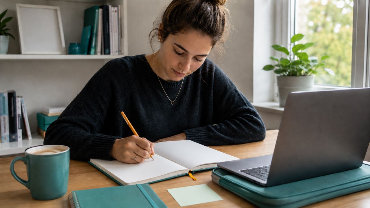 Studentin verfasst konzentriert eine Reflexion am Schreibtisch im Studium